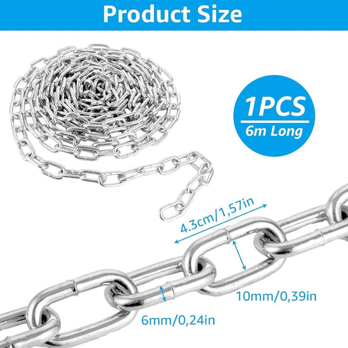 1/4" x 19.69 Ft Metal Chain, Galvanized Iron Coil Chain, Heavy Duty Chain Links Metal Decorative Chain, Camping Pet Dog Chain Hanging Chain for Swing Feeder Planters