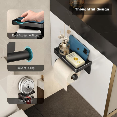 VOLDRA Toilet Paper Holder with Phone Shelf, Self-Adhesive or Screw-in Toilet Tissue Roll Holder Wall Mount, Rustproof