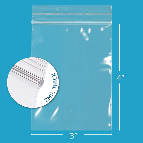 GPI - 3" x 4" - Bulk Case of 1000, 2 Mil Thick Clear Plastic Reclosable Zip Bags, Durable Poly Baggies for Storage