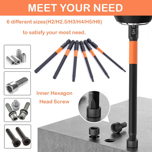 JONMON Allen Wrench Screwdriver Bits - H2-H6 Quick Change S2 Steel Magnetic Hex Head Impact Drill Bits