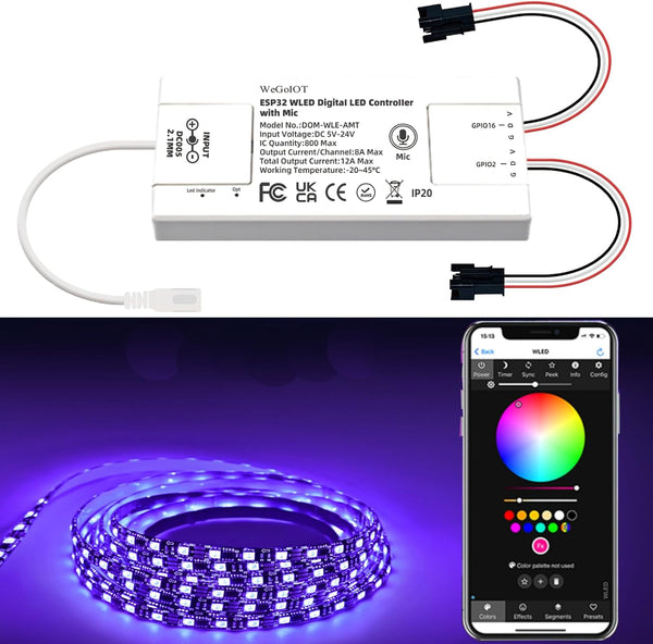ESP32 Ultra-Thin WLED Digital Light Strip Controller with Mic Sound Mode DC5-24V
