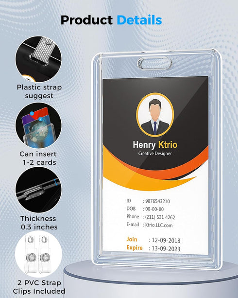 KTRIO 2 Pack Heavy Duty 2-Card Badge Holder, Clear Acrylic ID Card Holder with Easy Access Thumb Hole for Student, Nurse