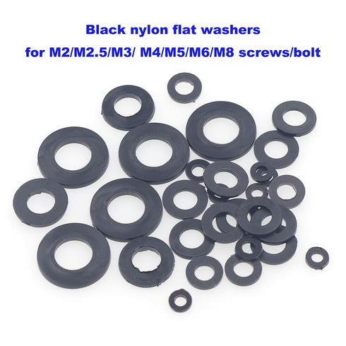 500PCS Nylon Flat Washers for M2 M2.5 M3 M4 M5 M6 M8 Screw Bolt, Black