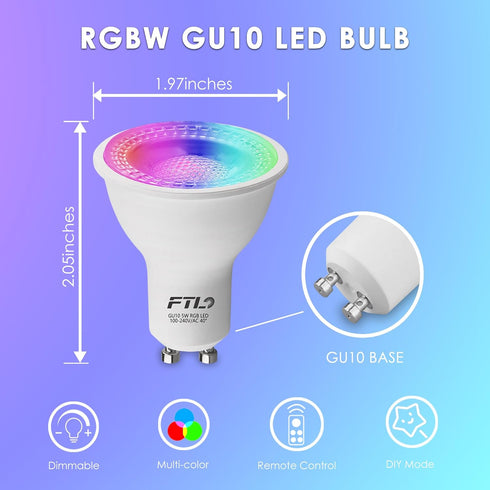 FTL GU10 LED Bulbs Color Changing Light Bulbs with Remote Control, Dimmable 2700K-6000K RGB Colored Light Bulbs 5W 40W Equivalent, 30 Colors, Timer, Spotlight for Track Lighting, 6-Pack by FTL