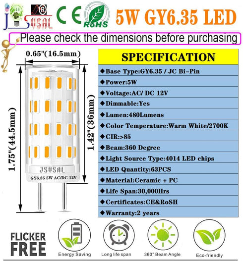 GY6.35 Bulb Dimmable,T4 GY6.35/G6.35 12V 2700K 5W 40-50W Bulb Lighting,6-Pack LED JC Type Bi-pin Base,AC/DC Warm White