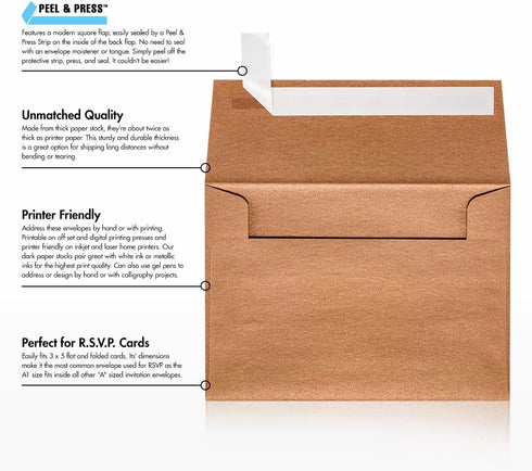 LUXPaper 4Bar A1 Invitation Envelopes | 3 5/8" x 5 1/8" | Copper Metallic | 80lb. Text | 50 Qty | Peel & Press