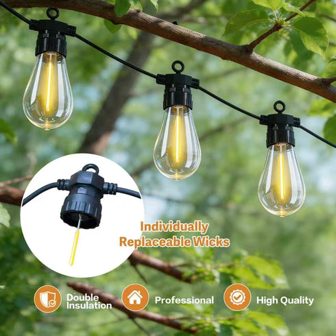 BYIZO 50FT 20 Bulbs IP65 Solar Outdoor String Lights, Waterproof Patio Lights with Solar & USB-C Dual Charging, Remote