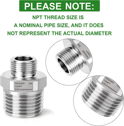TAISHER 5PCS 304 Stainless Steel Reducer Faucet Adapter, 1/2" NPT × 3/8" Compression