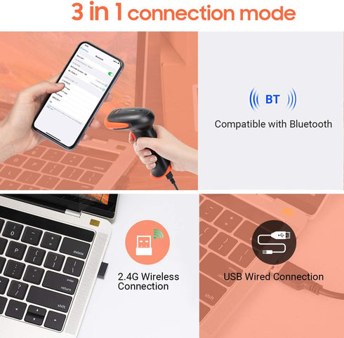 Tera Wireless 2D QR Barcode Scanner with Stand, 3 in 1 Bluetooth & 2.4GHz Wireless & USB Wired Barcode Reader, Handheld