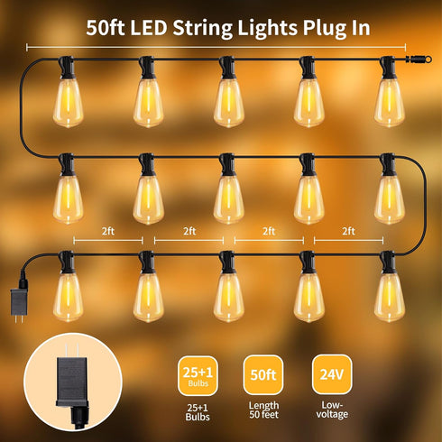 50ft 25 Bulbs Voltage(24V) Dimmable IP65 ST38 SANBEN Outdoor String Lights with Remote, Low Patio Lights, & Timer
