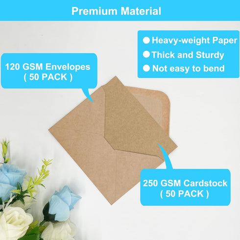 50 Pack 4.2 6.0 inches, Set, Blank Cards and Envelopes x Brown Blank Note Cards Greeting Cards and Envelopes Folded