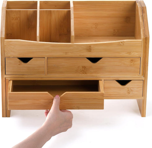 Lawei Bamboo Desk Organizer with Adjustable File Holder, Mini Desk Drawer Tabletop Organization Box with 4 Drawers for