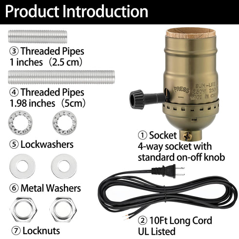 4-Stage E26 Settings, 10ft Lamp Holder Replacement Kit, Threaded Base, Turn Knob for Strong/Medium/Weak/Off Light