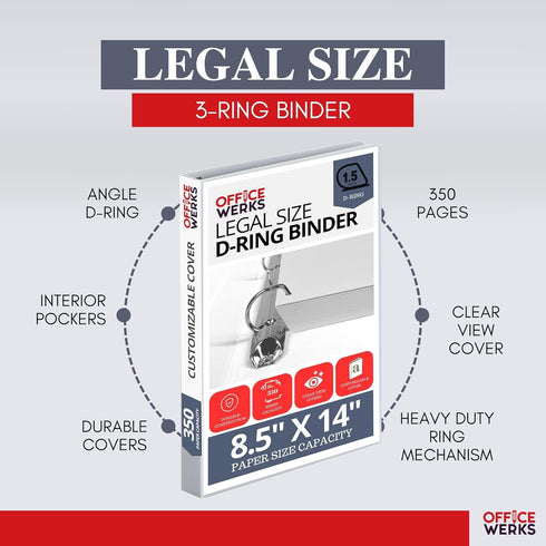 Office Werks Heavy Duty 4-Pack Legal Size View Binder - 14" x 8.5", White, 1.5 Inch D-Ring, Back Mount
