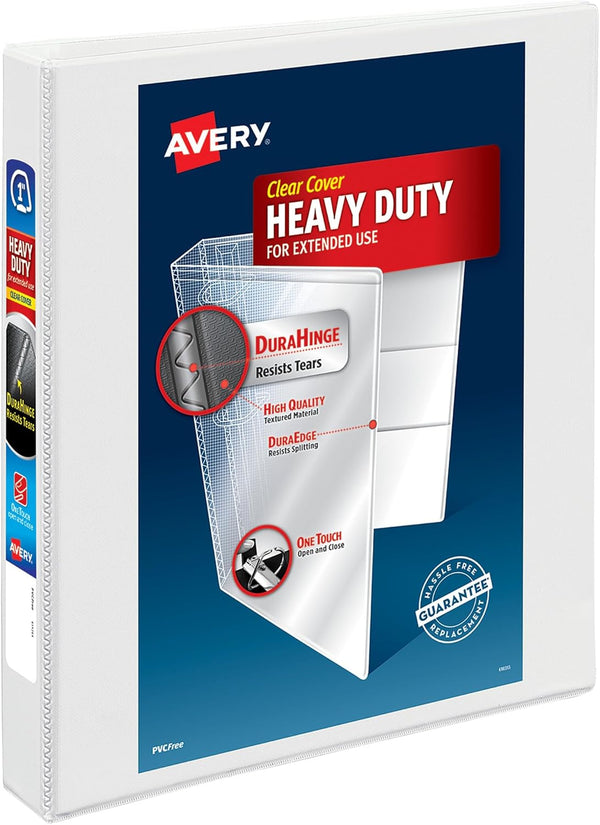Avery Heavy-Duty View 3 Ring Binder, 1" One Touch Slant Rings, Holds 8.5" x 11" Paper, White Binder (05304)