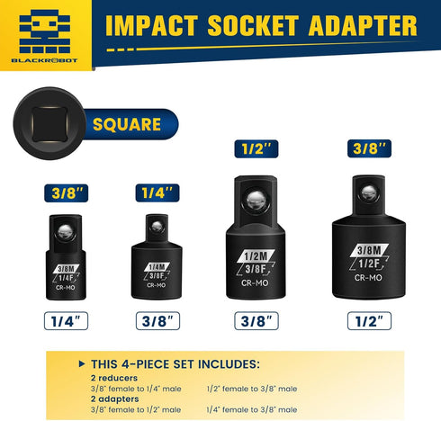 4 Piece Impact Socket Adapter Set, 1/4" 3/8" 1/2" SAE Drive Adapter Set, Square Reducer Conversion Set for Impact Wrench