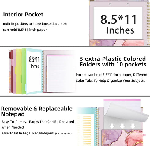 Ospelelf Clipboard Folio with Notepad, Letter Size Clipboard Folder with 5 Folders and 10 Pockets, Pink Marble