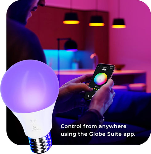 10W Bulb, 2000K5000K, A19 E26 34212 Globe Electric Wi-Fi Smart LED Multicolor RGB + Tunable White Shape, Base, App +