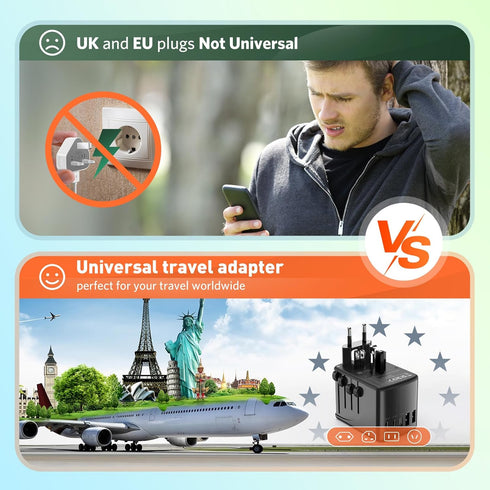 Universal Travel Adapter International Plug, European Travel Plug Adapter, All-in-one Power Adapter with USB