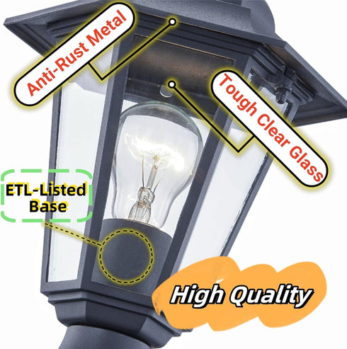 E26 60W Bulbs WISBEAM Outdoor Post Light, Pole Lantern, Base Max, Aluminum Housing Plus Glass, Wet Location Rated, ETL