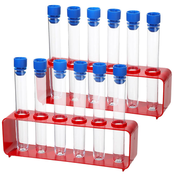 2 Sets Test Tubes with Rack, Clear Plastic with Caps and 6 Holes Holder for Scientific Experiments