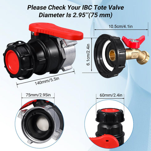 IBC Tote Valve, 2.95" Coarse Thread IBC Tote Adapter, DN50 Heavy Duty Drain Ball Valve Connector