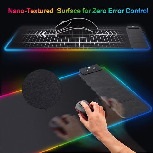 Large RGB Gaming Mouse Pad with Wireless Charging, 10 LED Colors, Ultra-Smooth Surface & Non-Slip Rubber Base,