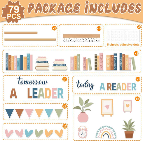 76PCS Set Boho Reading Bulletin Board Read Bookshelf Bulletin Board Decorations Motivational Library Rainbow Paper
