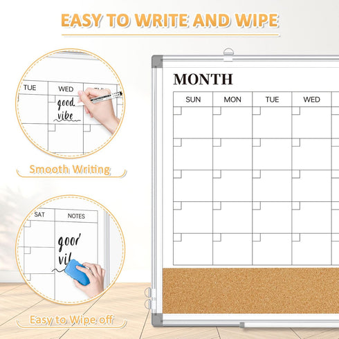 Large Dry Erase Calendar for Wall, 36"x24" Double-Sided Magnetic Whiteboard Calendar with Cork Board
