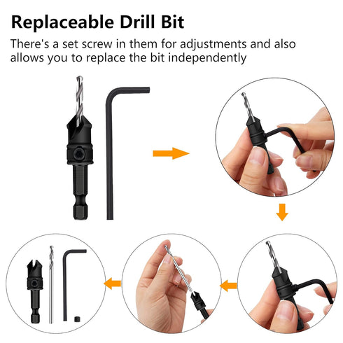 MulWark 82 Countersink Drill Bit Set with 5pcs Free Replaceable HSS Bits for Woodworking - 5 Pack