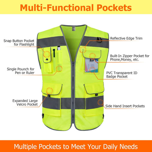 TCCFCCT High Visibility Vest, 9 Pockets Hi Vis Reflective Safety Vest for Men Women, Construction Vest Meets ANSI/ISEA