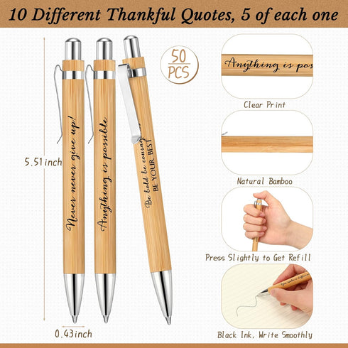 Fulmoon 100 Pcs Inspirational Quote Bamboo Pen Bulk, Motivational Wooden Pen, Black Ink Ballpoint for Office Supplies
