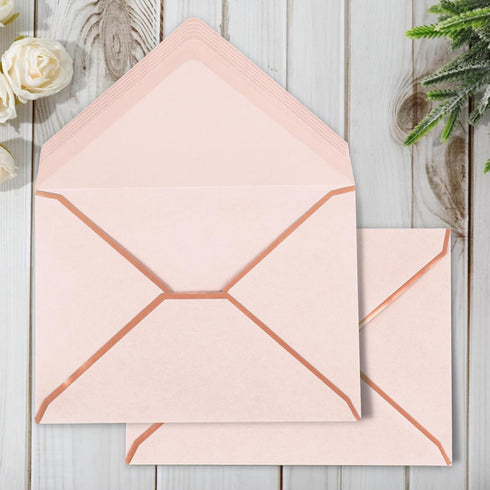 Whaline 50Pcs Blush Pink Invitation Envelopes with Rose Gold Border, V-Flap Gift Card Sleeves for Mailing, 7.3x5.3 Inch