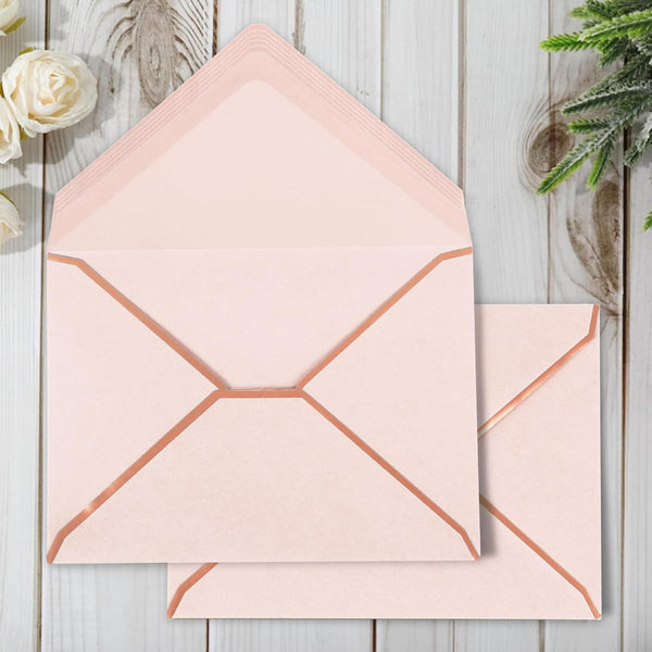 Whaline 50Pcs Blush Pink Invitation Envelopes with Rose Gold Border, V-Flap Gift Card Sleeves for Mailing, 7.3x5.3 Inch