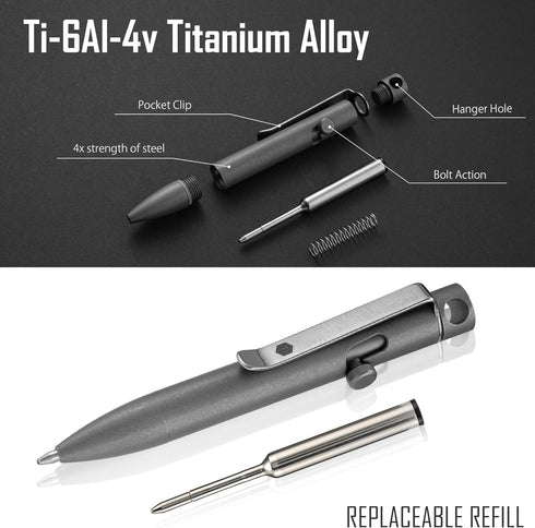 KeyUnity KP05SW Bolt Action Pen with Clip, Titanium Alloy EDC Pocket Pen, Retractable Metal Ballpoint Pen for Everyday