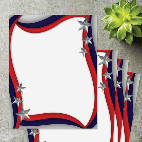 Spangled Stars Patriotic Letter Papers, Set of 25 American Flag Stationery, 8 1/2" x 11"
