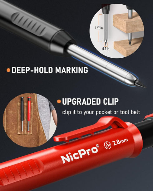 6 Pack Set 54PCS Nicpro Carpenter Pencil with Sharpener,Mechanical Pencils Refills(Black,Red,Yellow,Blue,Green,White)