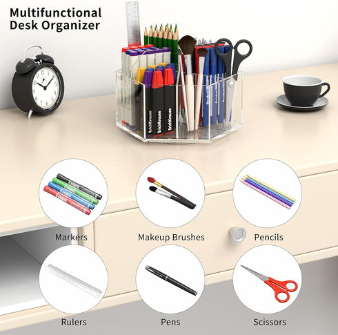 NIUBEE Acrylic Pen Pencil Holder, 6 Compartments for Multi-capacity Marker Storage, 360° Rotating Clear Pencil Cup