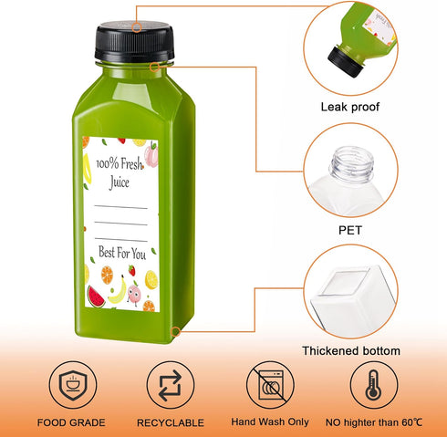 BOOMIBOO Juice Bottles with Caps, 15Pcs 12oz Clear Reusable Water Bottles for Juicing, Smoothie Containers