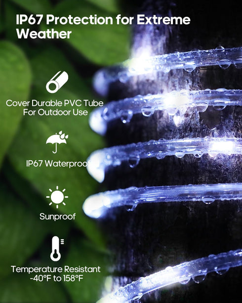 66FT 200LED 1800mAh IP67 8 ICRGB Solar Rope Lights, Outdoor Waterproof Solar Lights with Remote, String Light