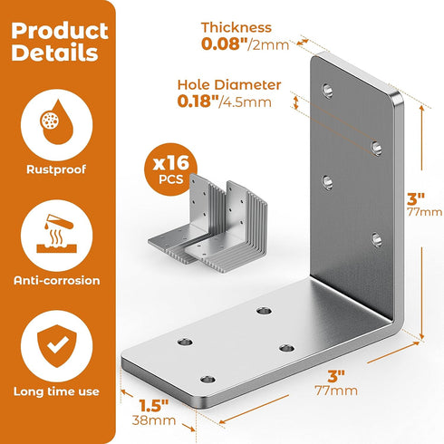 16 3"x3" 90 Pcs L Brackets Heavy Duty, Galvanized Corner Brace for Wood, Angle Iron with Recessed Holes, Degree Angle