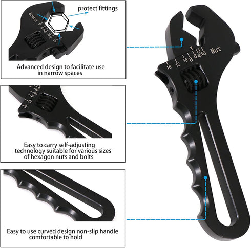Dokili 3AN-16AN Adjustable Fitting Wrench, Lightweight Black Aluminum Tool for Hose Fitting