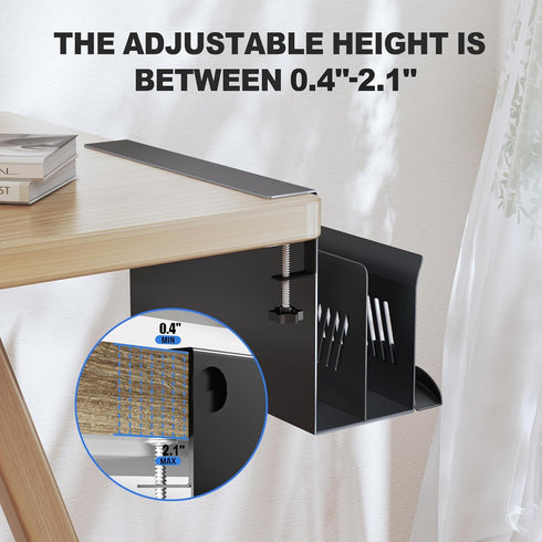 Desk Side Storage Organizer, 2 Tier Under Desk Laptop Holder, Clamp on Desk Shelf, Black