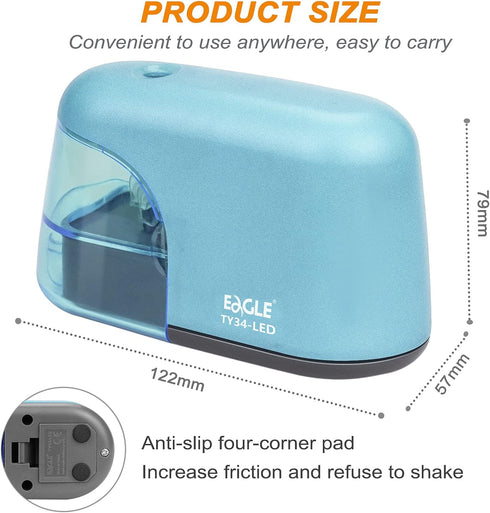 Eagle Electric Pencil Sharpener, Battery Powered with LED Light, Portable, Ideal for Kids and School Supplies (Blue)