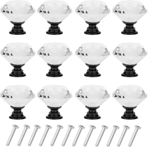 YourGift 12 Pack Diamond Shaped Crystal Glass Drawer Knobs, 30mm Cabinet Pull Handles, Black