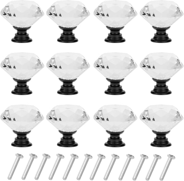 YourGift 12 Pack Diamond Shaped Crystal Glass Drawer Knobs, 30mm Cabinet Pull Handles, Black
