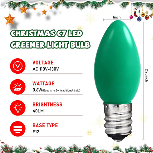 C7 Bulb,25 Pack 0.6w C7 E12 Bulb Green LED Light Ceramic Replacement Christmas Lights with Base,Green Outdoor Light