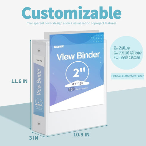 SUNEE 3 Ring Binder 2 Inch 2 Pack, Clear View Binder Three Ring PVC-Free (Fit 8.5x11 Inches) for School Binder or Office Binder Supplies, White Binder by SUNEE