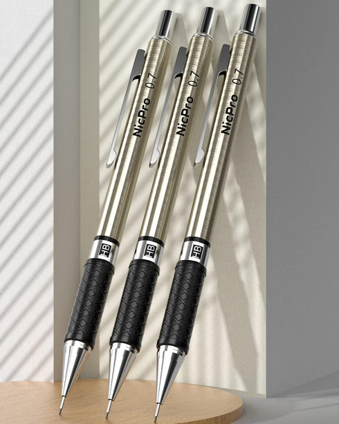 Nicpro 0.7 mm Art Mechanical Pencil Set - 3 PCS Metal Drafting Pencil with Lead Refills and Erasers for Artists