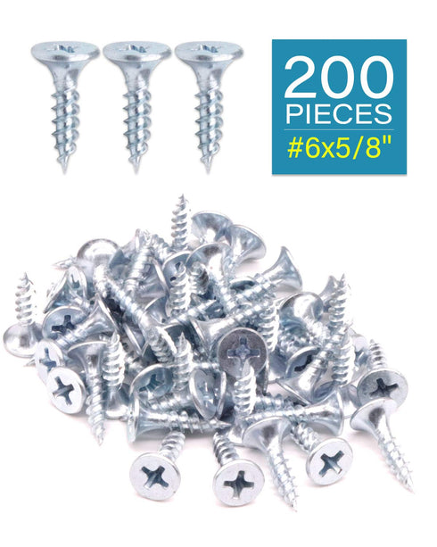 200pcs #6x5/8 Flat Head Phillips Drywall Screws, Fine Thread Sharp Point Wood Screws, Zinc Coated Carbon Steel